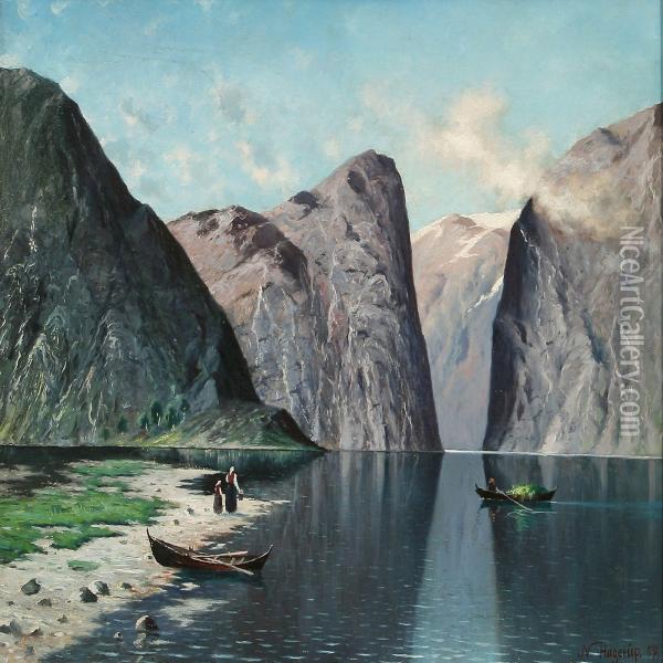 Norwegian Fiord Scene Oil Painting - Nels Hagerup