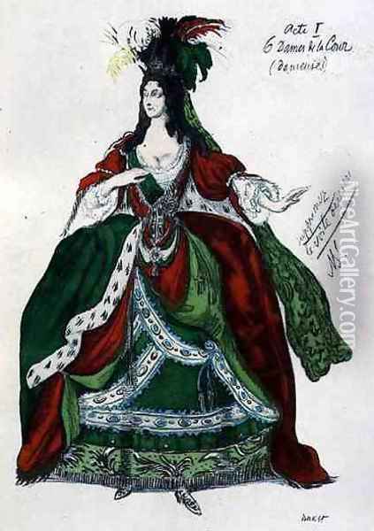 Costume for a female courtier and dancer, from Sleeping Beauty, 1921 Oil Painting - Leon Samoilovitch Bakst