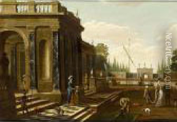Elegant Figures Walking On And Near A Classical Terrace Oil Painting - Jacobus Balthasar Peeters