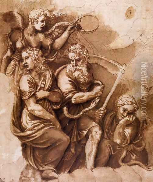 Victory, Janus, Chroonos, and Gaea Oil Painting - Giulio Romano (Orbetto)