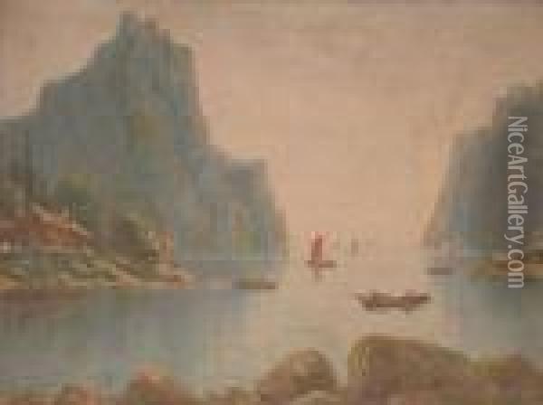 Fjordseascape With Boats And Dwellings Oil Painting - Nils Hans Christiansen
