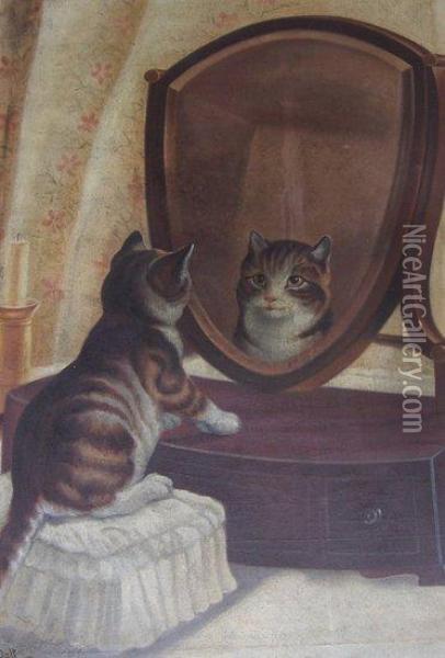 The Kitten's Reflection Oil Painting - Arthur Batt