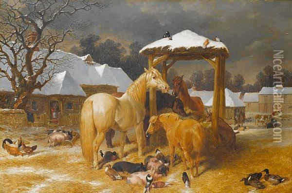 A Stable Yard In Winter Oil Painting - John Frederick Herring Snr