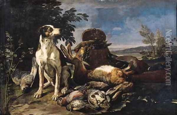 A hound guarding dead game at the edge of a wood Oil Painting - David de Coninck