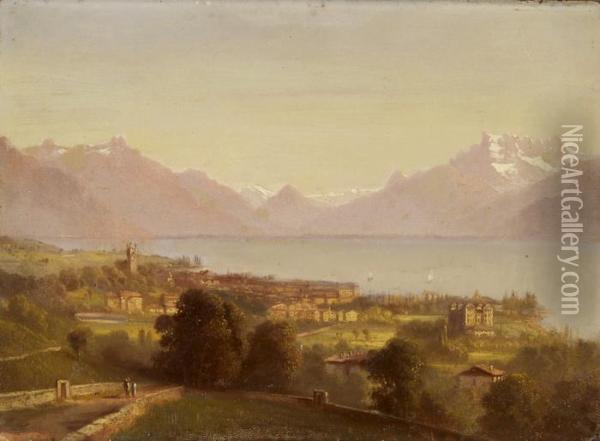 Ansicht Von Vevey Mit Blick Auf See Und Berge Oil Painting - Ernst I Hodel
