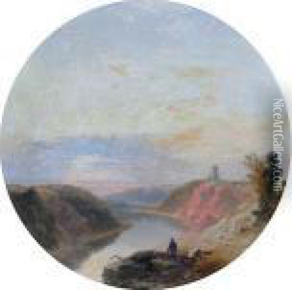 Man Before A Landscape Overlooking A River, Thought The Be The River Avon At Clifton Oil Painting - James Baker Pyne