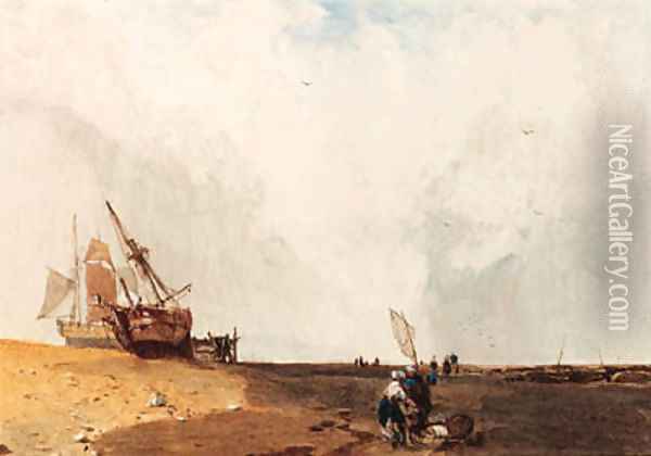 Fishing vessels, with fisherfolk in the foreground Oil Painting - Charles Bentley
