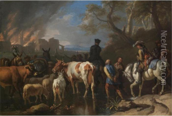 Soldiers Driving Prisoners And Livestock Across A Ford Oil Painting - Pieter van Bloemen