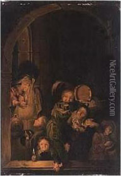 Children Merrymaking With The Rommelpot At St.nicolaas Oil Painting - Godfried Schalcken