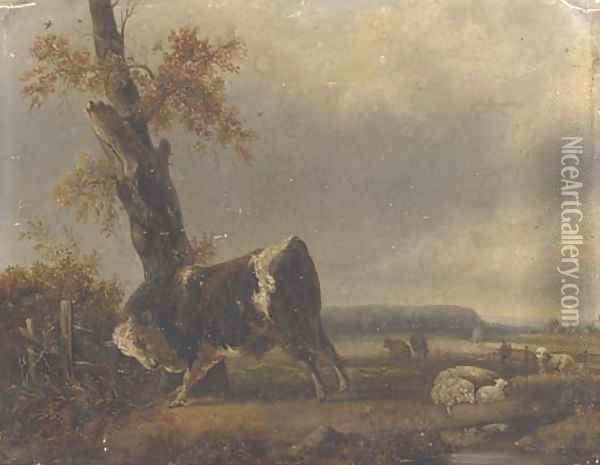 A river landscape with a bull and sheep in the background Oil Painting - Jacques-Raymond Brascassat