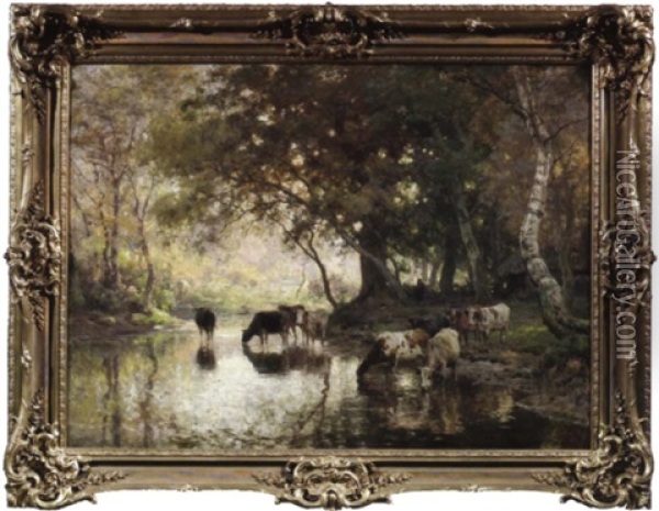 Rastende Rinderherde Am Ufer Eines Baumgesaumten Gewassers Oil Painting - Julius Jacobus Van De Sande Bakhuyzen
