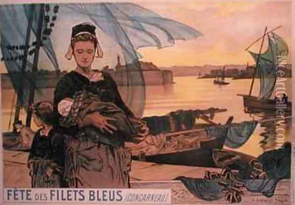 Poster depicting the Festival of Blue Fishing Nets Concarneau Brittany Oil Painting - Achille Granchi-Taylor