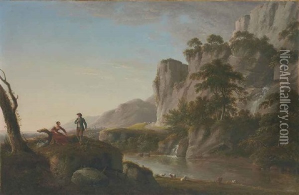 A Bucolic River Landscape With An Elegant Couple In The Foreground Oil Painting - Anthony Devis