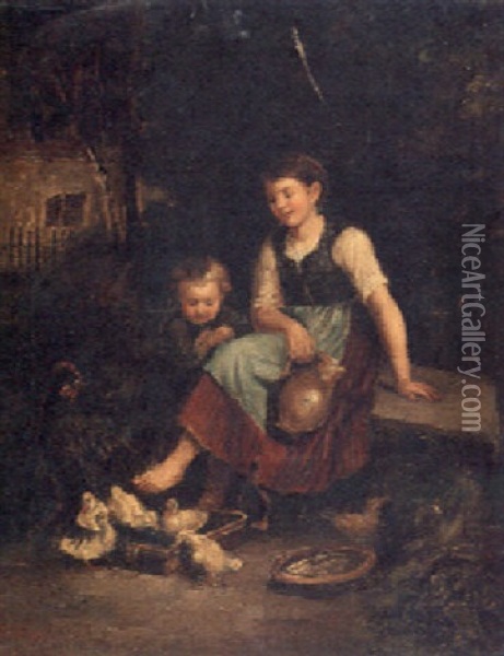 A Mother And Child In A Farmyard With Ducks Oil Painting - Pierre Edouard Frere