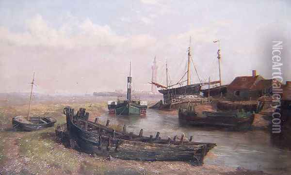 The Mouth of the River Freshney, near Grimsby, Lincolnshire, 1874 Oil Painting - George Cammidge