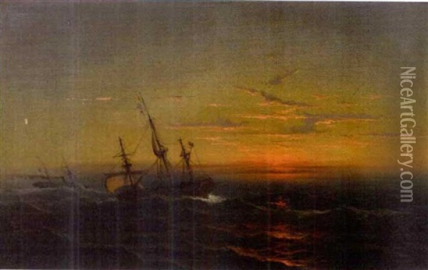 Seascape With Two Ships At Sunset Oil Painting - James Hamilton