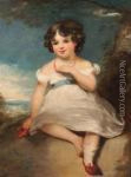 Portrait Of A Young Girl Wearing Red Shoes Seated By A Tree Stump Oil Painting - Sir Joshua Reynolds