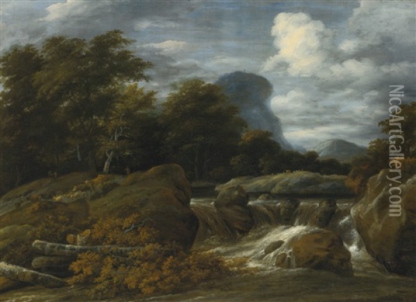 A Wooded Landscape With A Waterfall Oil Painting - Jacob Salomonsz van Ruysdael