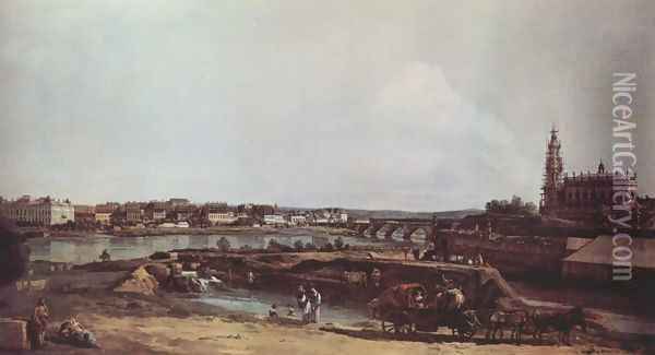 View of Dresden from the left bank of the Elbe, the bastion Sol with Augustus Bridge and the Hofkirche Oil Painting - (Giovanni Antonio Canal) Canaletto