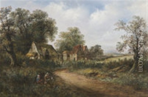 Figures By A Cottage In A Rural Landscape Oil Painting - Arthur Melville