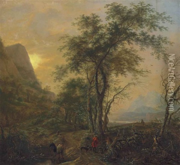 An Italianate Wooded Landscape At Sunset With Travellers And Their Dogs Resting Beside A Path, With Mountains Beyond Oil Painting - Herman Saftleven
