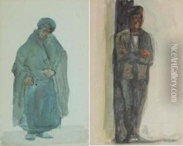 Dubliners - Old Woman In Shawl And Man In A Cap Leaning In A Doorway (a Pair) Oil Painting - Michael Healy