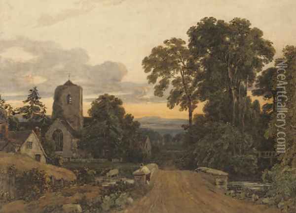 A lone figure on a bridge overlooking a sleepy village Oil Painting - Francis Oliver Finch