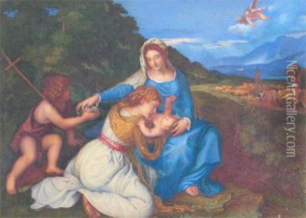 The Virgin And Child With St Elizabeth And St John The Baptist Oil Painting - Tiziano Vecellio (Titian)
