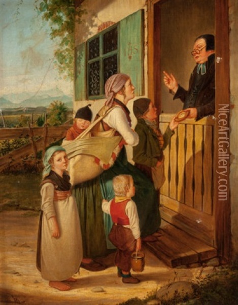 Peasant Mother And Children Seeking Food From The Church Oil Painting - Hans Brunner