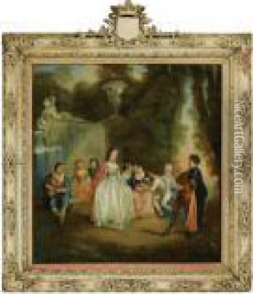 An Elegant Company In A Wooded Landscape, Near An Elaborately Sculpted Fountain Oil Painting - Philippe Mercier