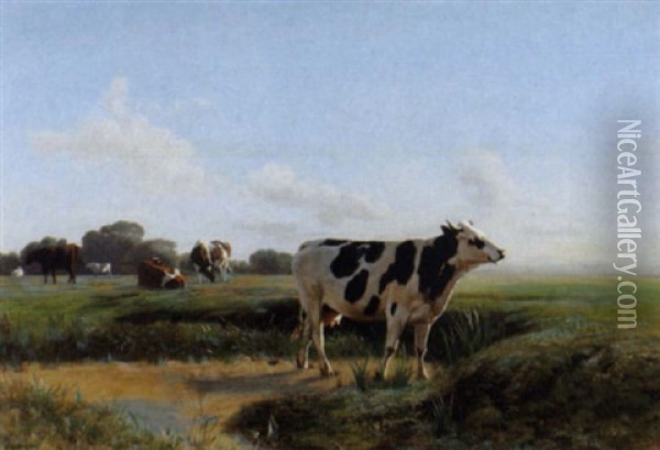 Weidende Kuhe Am Abend Oil Painting - Albert Lugardon