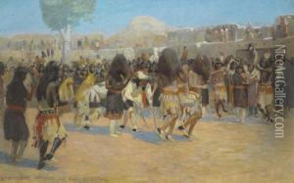 Dance At San Ildefonso Pueblo, New Mexico Oil Painting - Edwin Willard Deming