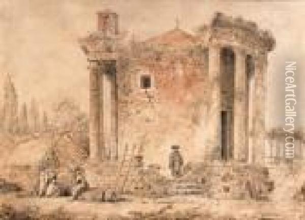 A Capriccio With The Temple Of 
The Sybil At Tivoli, Capuchinpriests Standing Amongst The Ruins Oil Painting - Hubert Robert