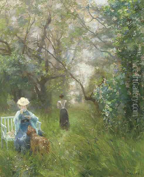 Tea in a sunlit glade Oil Painting - Alfred Roll