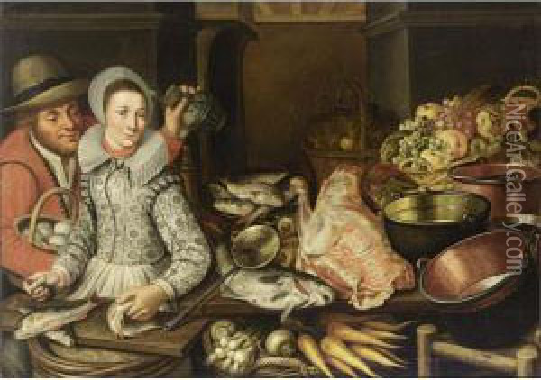 A Kitchen Still Life With Grapes
 And Apples In A Basket, With Artichokes In A Basket, Fish On A Plate, 
Copper Pots And Pans, A Piece Of Meat, Fish, Carrots, Turnips And Onions
 In A Basket, With A Woman Scaling Fish And A Man Holding A Jug And A 
Ba Oil Painting - Floris Gerritsz. van Schooten