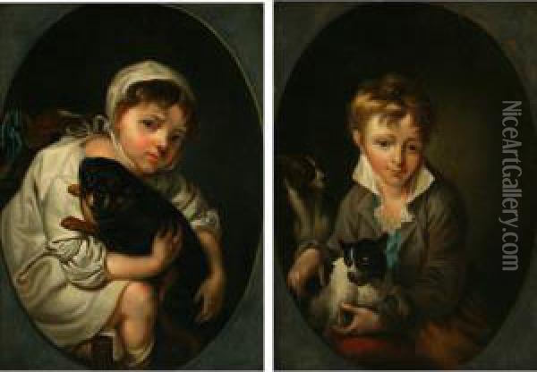 Portrait Of A Girl And A Boy With Dogs Oil Painting - Hans Hansen