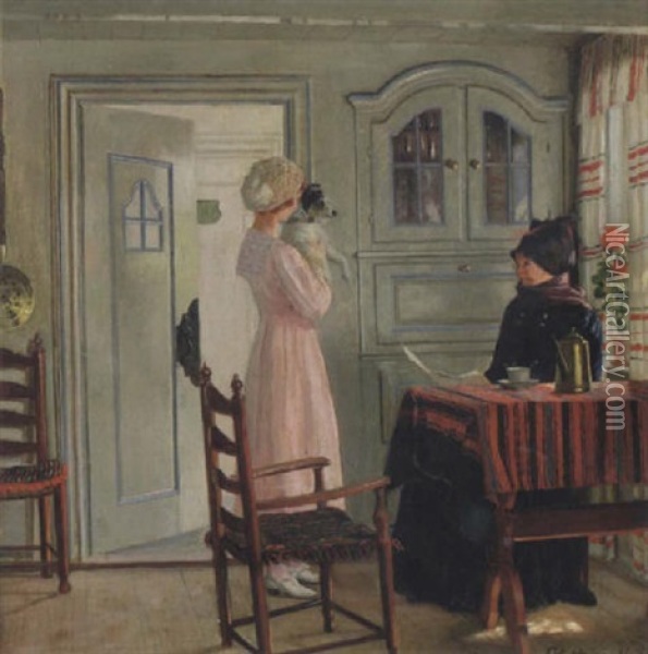 Interior Med Kvinnor Och Hund Oil Painting - Adolf Heinrich Claus Hansen