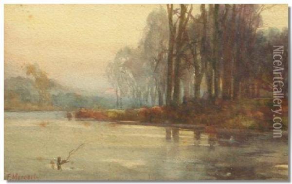 Mercer, River Scenewith Woods Beyond, Watercolour, Signed, 11cms X 18cms Oil Painting - Frederick Mercer
