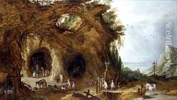 Pilgrims at a Shrine in a Mountainous Landscape Oil Painting - J. & Momper, J.de Brueghel