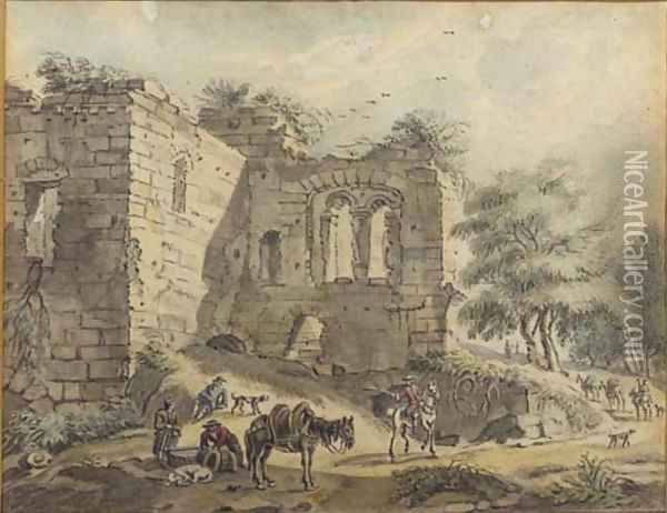 Travellers and peasants with a packhorse on a road by a ruined villa; and A horseman and peasants by a vaulted ruin Oil Painting - Jan De Beyer