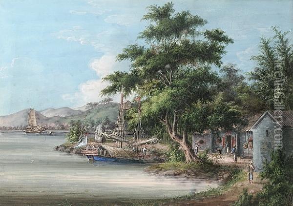 A Chinese Vessel Berthing In An Inlet, A Pair Oil Painting - Tingqua Guan Lianchang