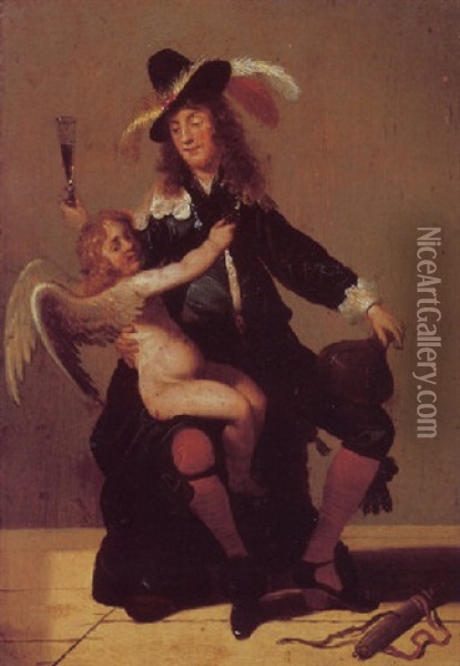 A Gentleman Drinking With Cupid Oil Painting - Jacob Frans van der Merck