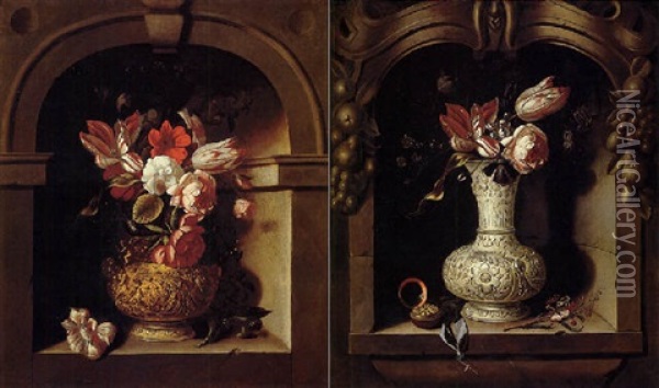 Still Life Of A Bouquet Of Flowers In A Vase In A Niche Oil Painting - Pieter Gerritsz van Roestraten