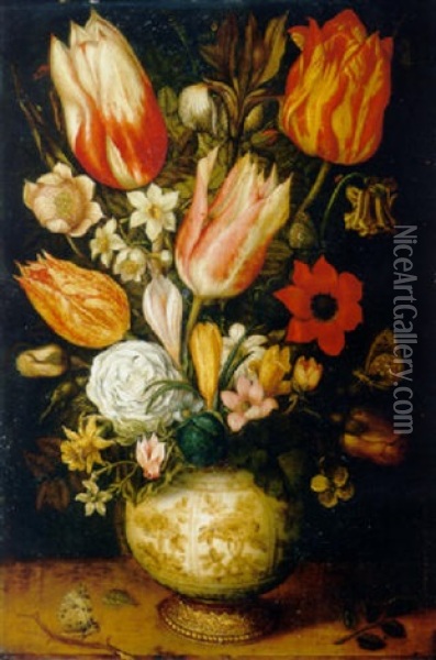Tulips, Roses, Narcissi, Daffodils, Crocuses, An Iris, A Poppy And Other Flowers In A Gilt-mounted Porcelain Vase On A Ledge Oil Painting - Ambrosius Bosschaert the Elder