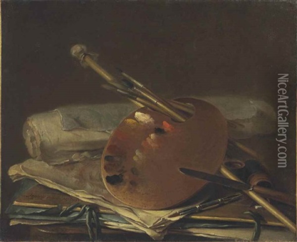 An Artist's Palette With Brushes, A Mahl Stick, A Knife, Papers And Portfolios Oil Painting - Nicolas Henry Jeaurat De Bertry