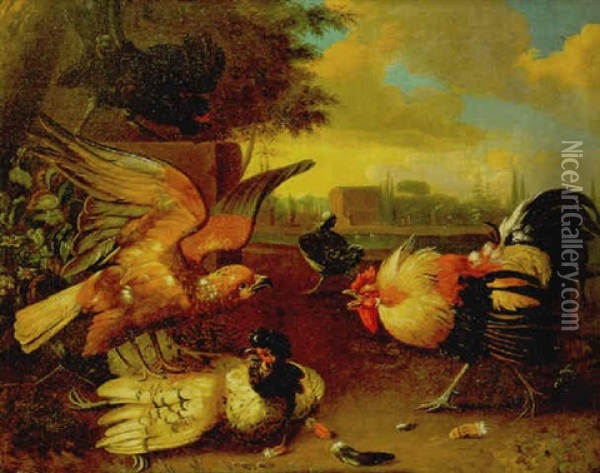 Aguila Y Gallos Luchando Oil Painting - Melchior de Hondecoeter