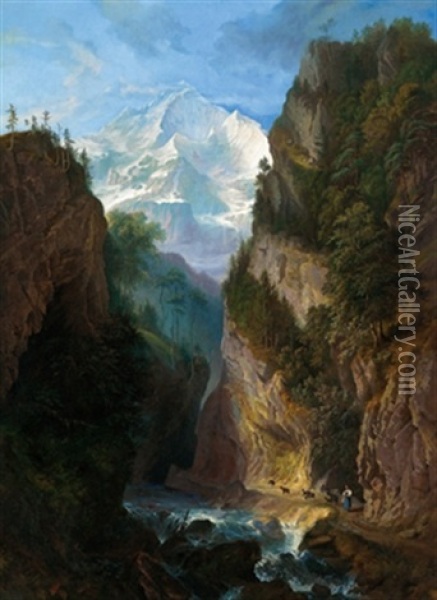 Gebirgsschlucht Im Berner Oberland Oil Painting - Johann Jakob Siegmund
