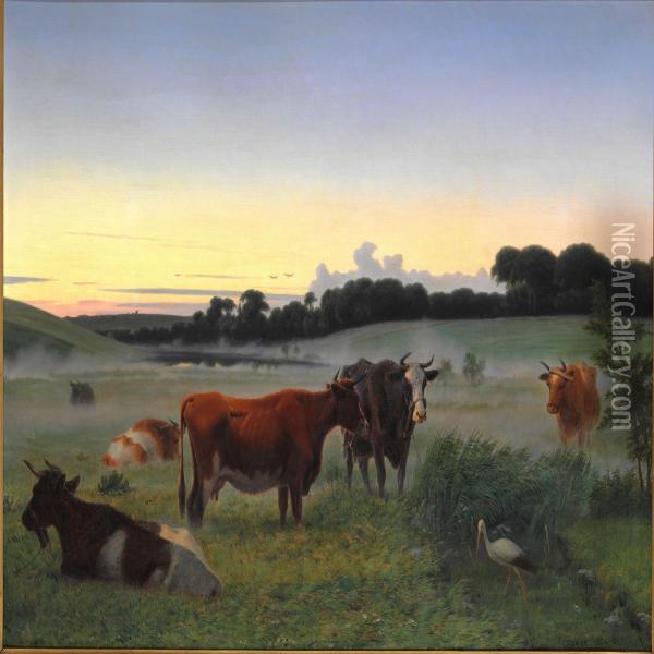 Cows And A Stork In A Field On An Early Summer Morning Oil Painting - Jorgen Valentin Sonne