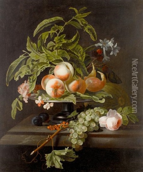 Figs And Peaches On A Pewter Tray, With Redcurrants, Grapes And A Rose On The Marble Ledge Beneath Oil Painting - Jakob Bogdani