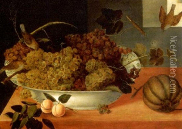 Bol De Raisins, Fruits Et Oiseaux Oil Painting - Pieter Binoit